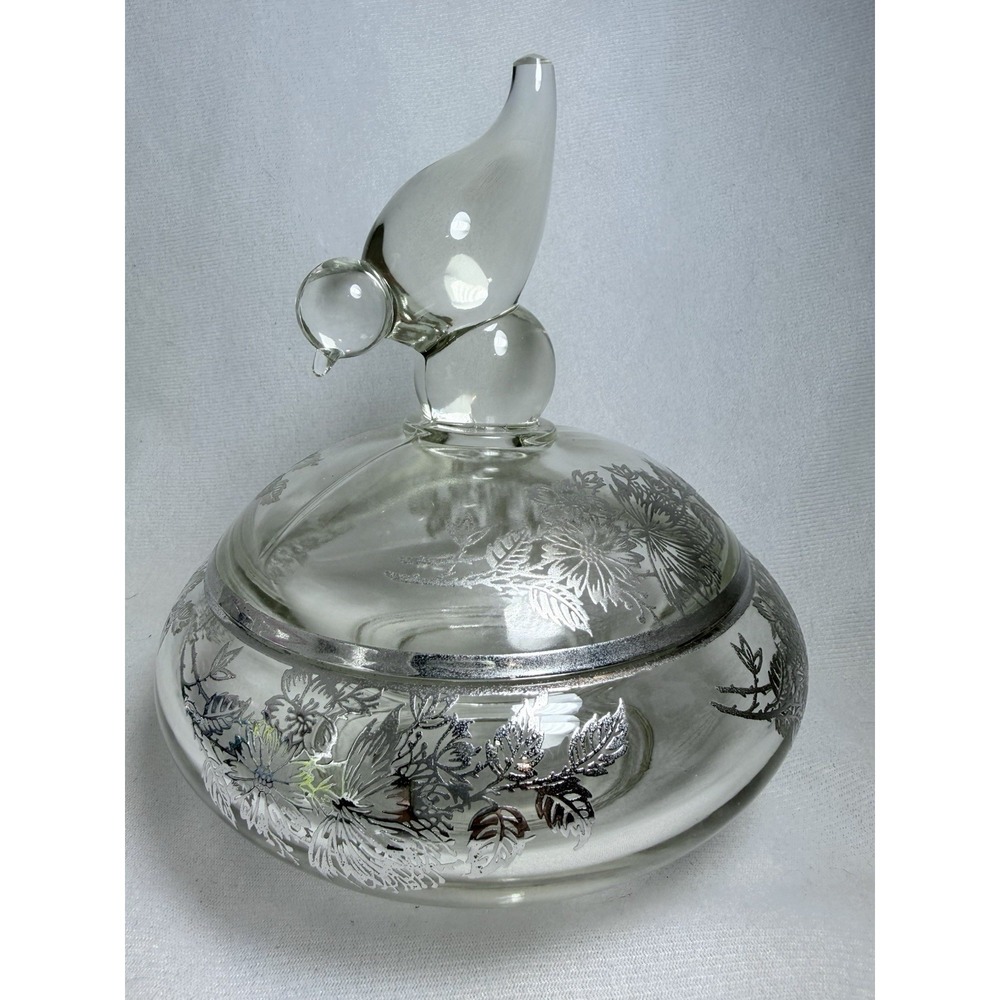 Silver City Lidded Glass Dish w Sterling Silver Leaf Overlay Finial Bird Feature